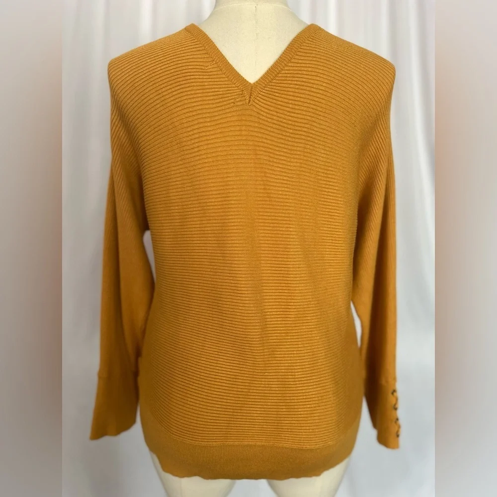 Tribekka 44 Mustard Ribbed V-Neck Sweater Lace-Up Sleeve Detail Size L(1243) - Picture 4 of 14